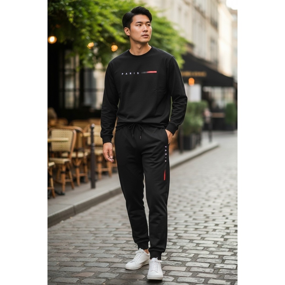 Paris Graphic Tracksuit Set Black Red Stripe Long Sleeve Joggers  S